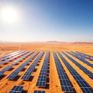 Aerial view of solar panels in Santa Teresa, New Mexico.