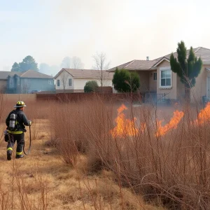Firefighters using water hoses to suppress a brush fire in Albuquerque's South Valley.