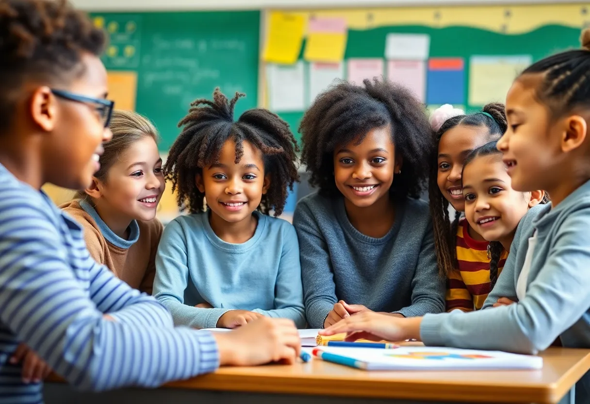 Classroom with diverse students and a special education teacher