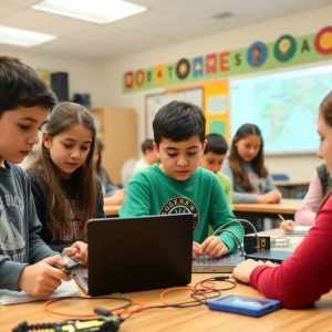 Students engaged in STEM projects in a classroom setting