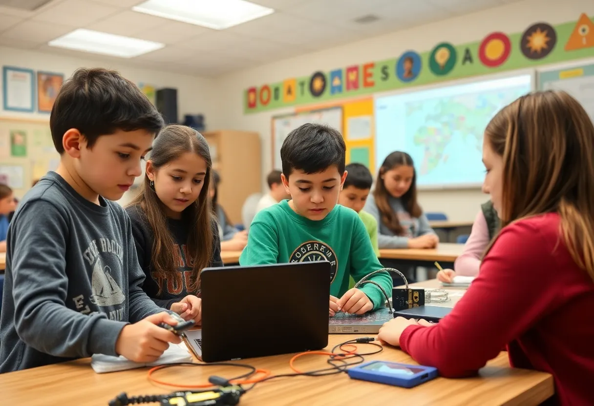 Students engaged in STEM projects in a classroom setting
