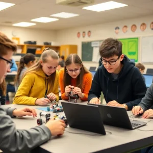 Students participating in a robotics and coding workshop at West Mesa High School