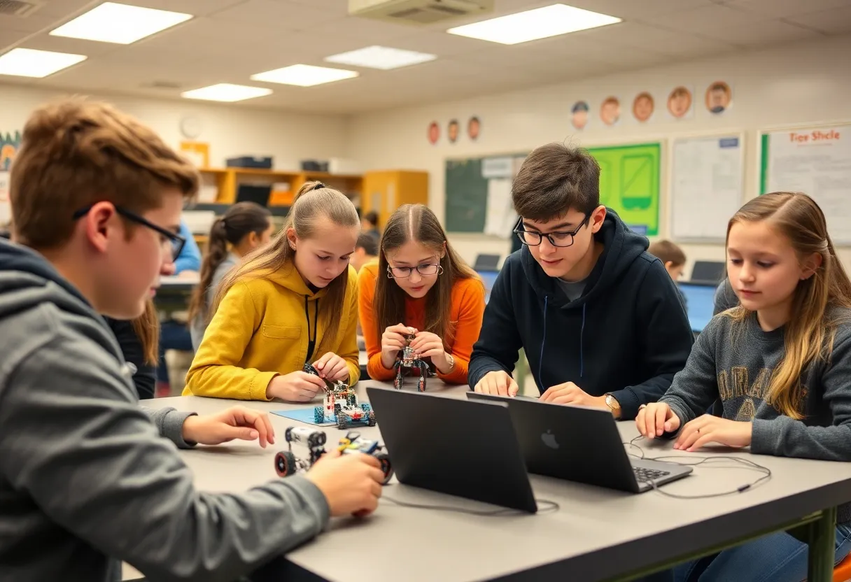 Students participating in a robotics and coding workshop at West Mesa High School