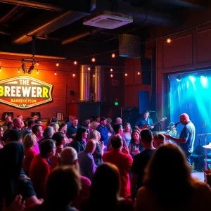 Rock band Stratus Phear performing on stage at Hops & Dough Brewery with a cheering crowd.