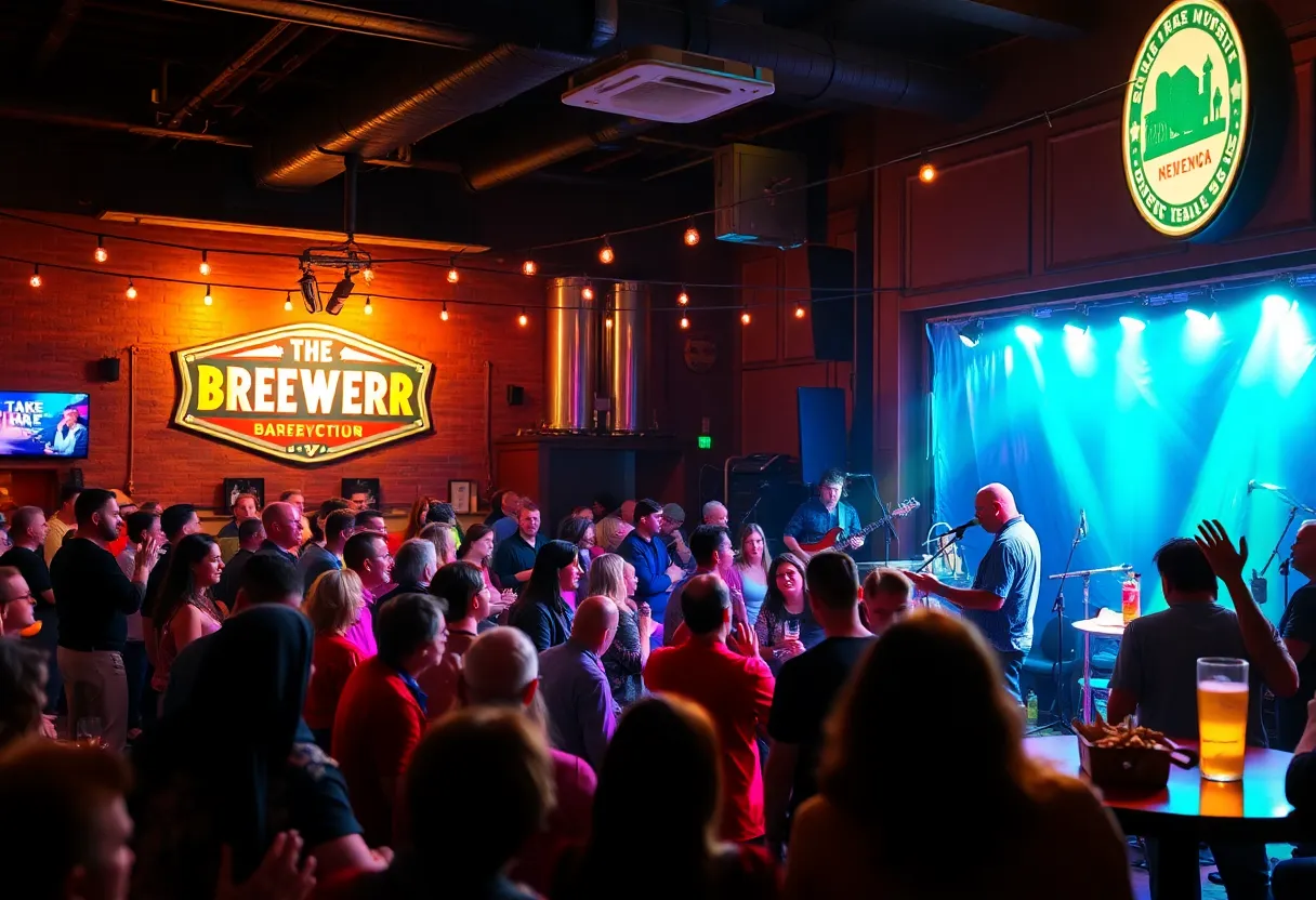 Rock band Stratus Phear performing on stage at Hops & Dough Brewery with a cheering crowd.