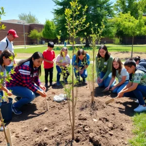 Middle school students planting native trees on campus.