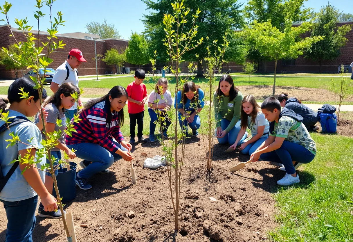 Middle school students planting native trees on campus.