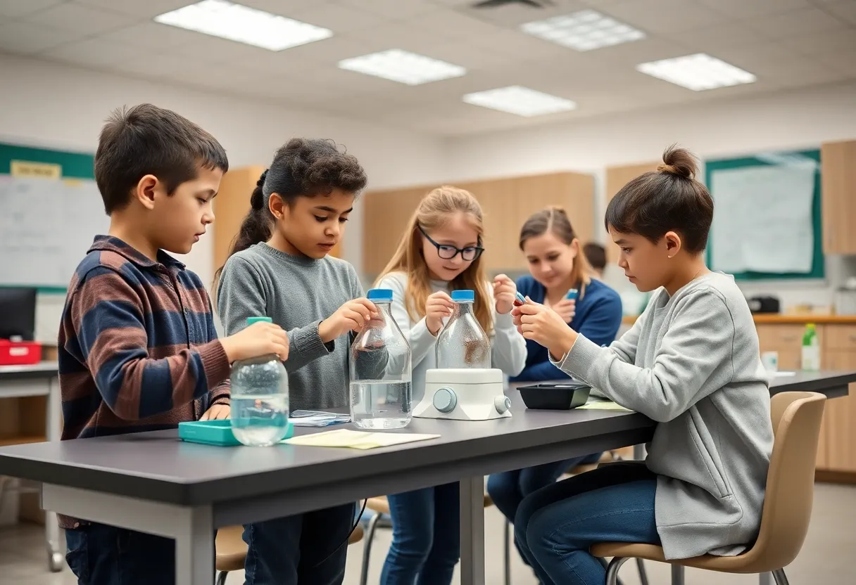 Students conducting hands-on science experiments in a classroom setting