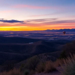 Scenic sunset view from a hiking trail in Albuquerque with city lights.