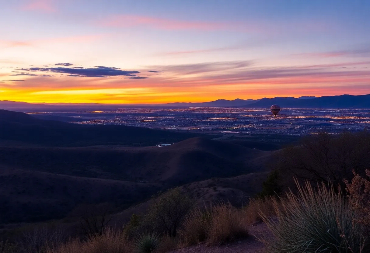 Scenic sunset view from a hiking trail in Albuquerque with city lights.