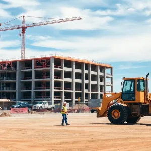 Construction of Sunward Equipment's new branch in Albuquerque, featuring heavy machinery and workers.