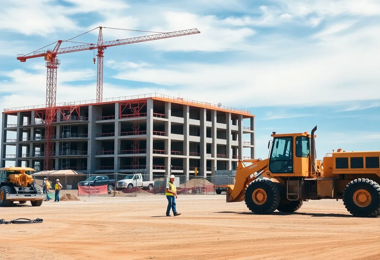 Construction of Sunward Equipment's new branch in Albuquerque, featuring heavy machinery and workers.