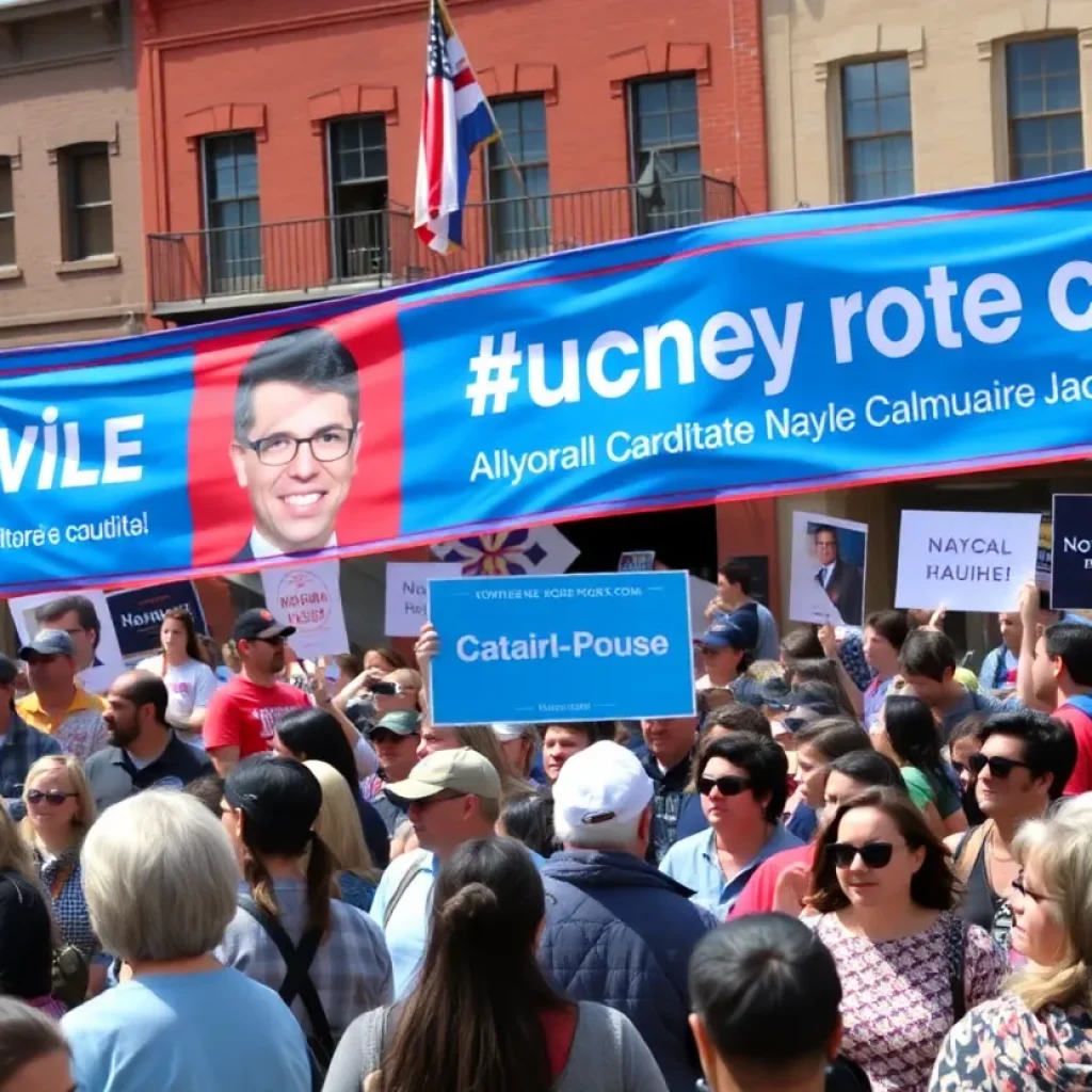 Crowd of supporters at a mayoral campaign rally in Albuquerque's Old Town