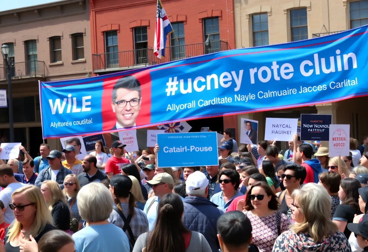 Crowd of supporters at a mayoral campaign rally in Albuquerque's Old Town