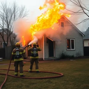 Firefighters extinguishing a fire at an abandoned house in southeast Albuquerque.