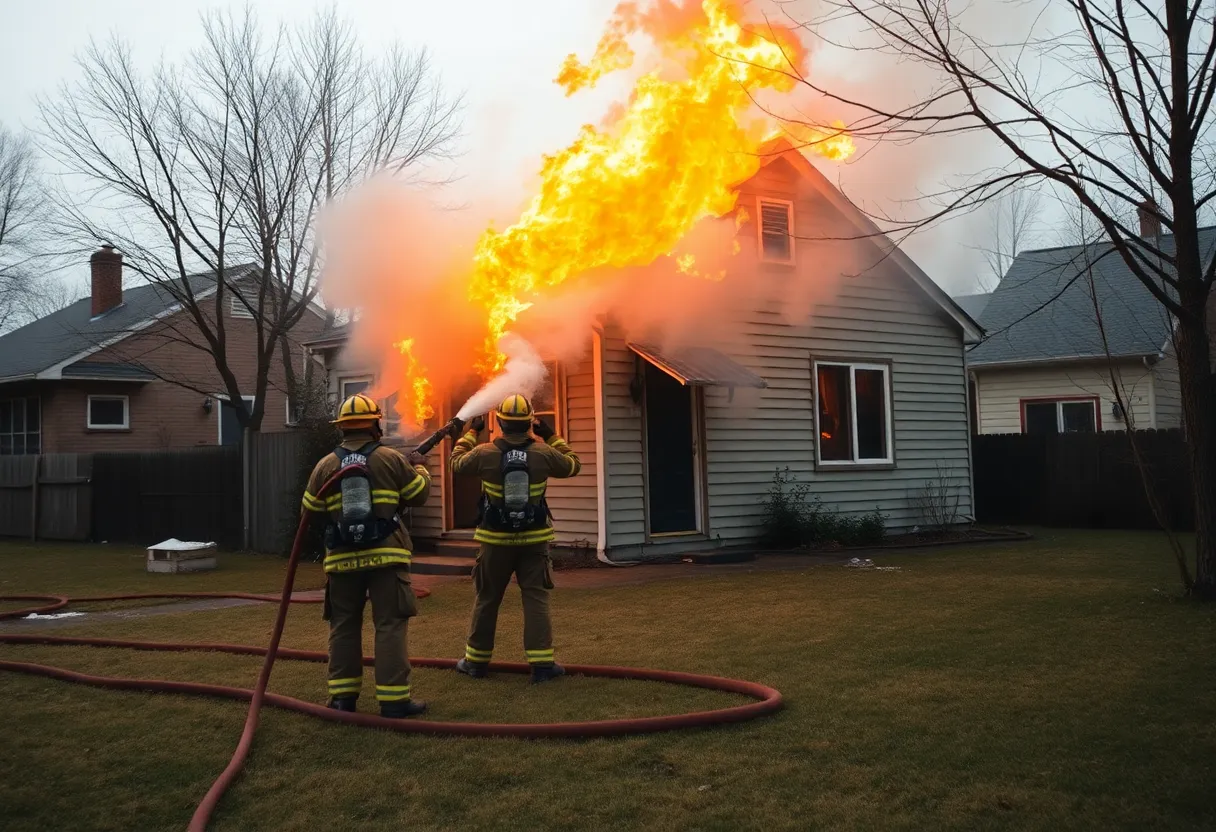 Firefighters extinguishing a fire at an abandoned house in southeast Albuquerque.
