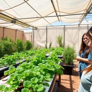 Students participating in a sustainable agriculture program in a greenhouse.