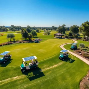 A golf course with solar-powered carts and native plant landscaping