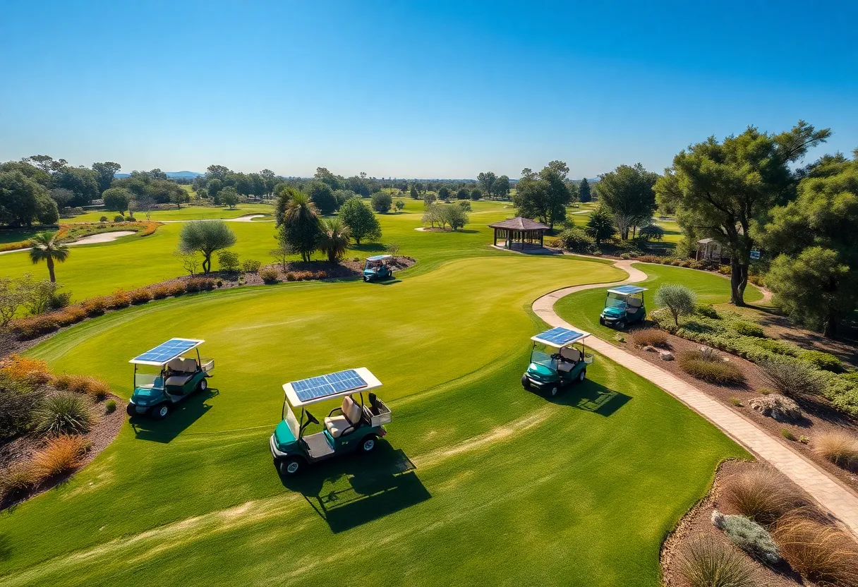 A golf course with solar-powered carts and native plant landscaping