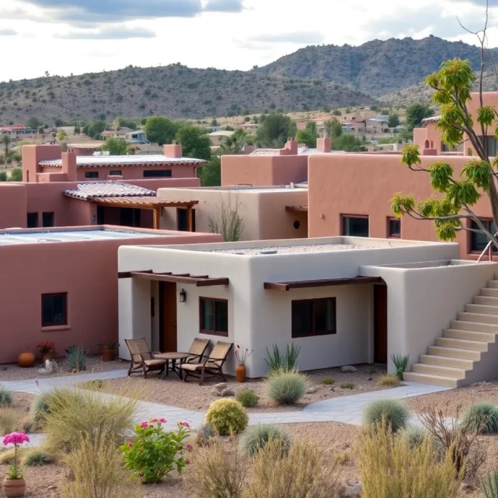 A sustainable housing development project in New Mexico showcasing Native American architectural designs.