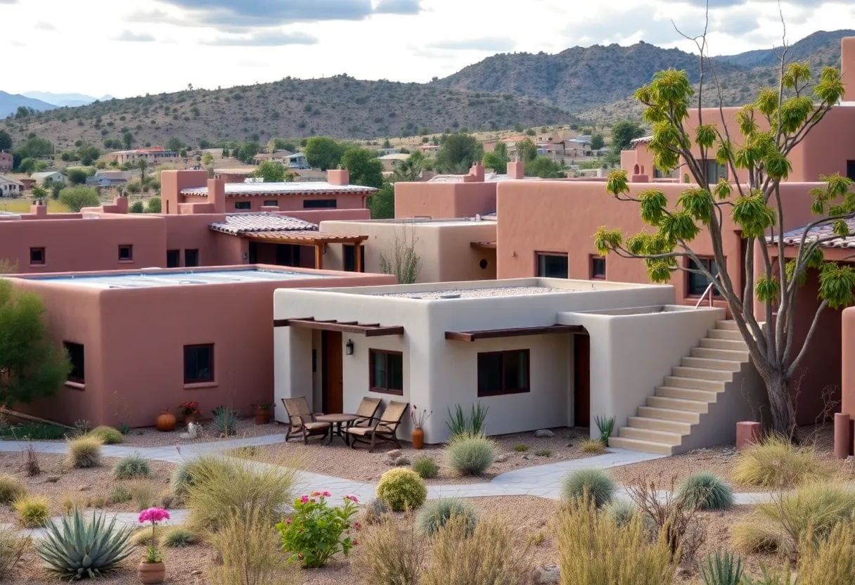 A sustainable housing development project in New Mexico showcasing Native American architectural designs.