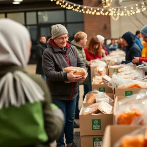 Volunteers distributing Thanksgiving meal packages in Albuquerque
