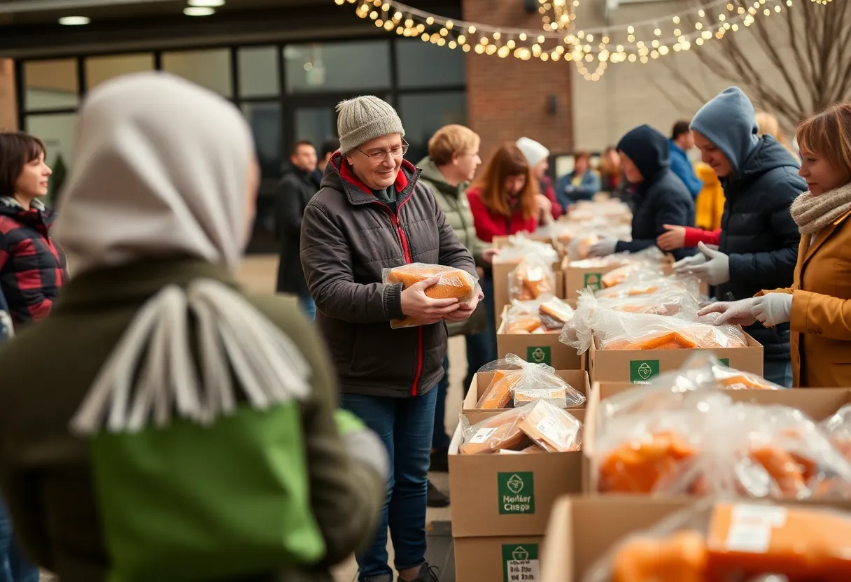 Volunteers distributing Thanksgiving meal packages in Albuquerque