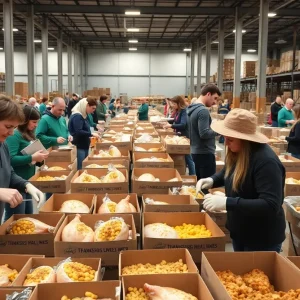 Volunteers assembling Thanksgiving meal packages in Albuquerque
