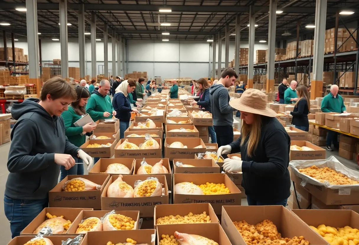 Volunteers assembling Thanksgiving meal packages in Albuquerque