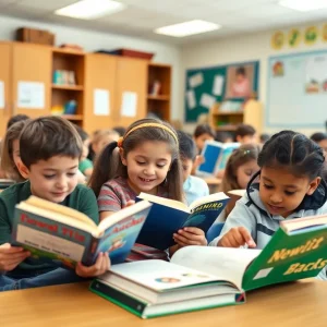 Diverse group of third-grade students engaging in reading activities in a classroom.
