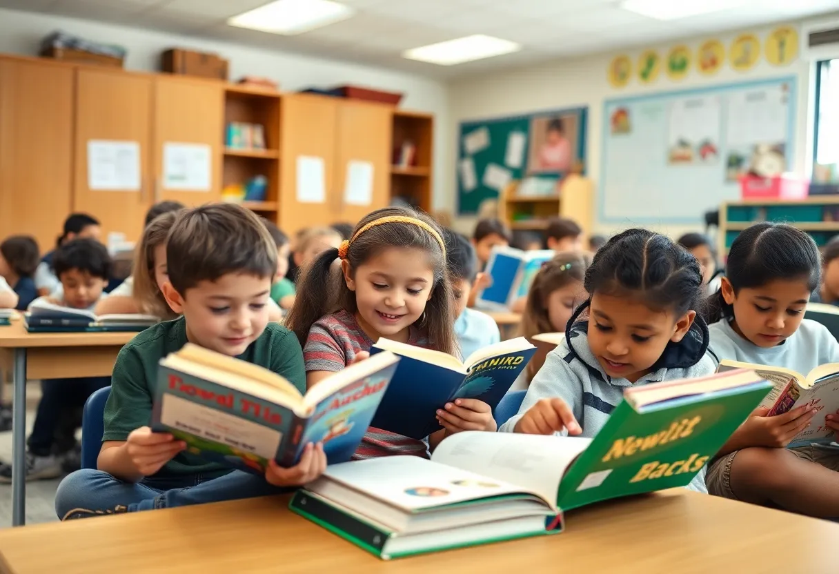Diverse group of third-grade students engaging in reading activities in a classroom.