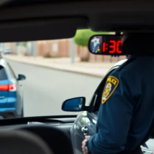 Police officer stopping a vehicle in an urban setting