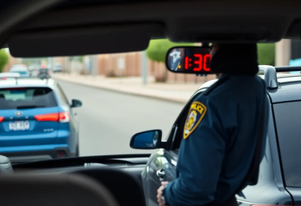 Police officer stopping a vehicle in an urban setting