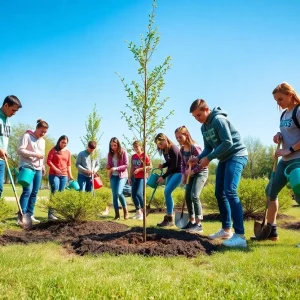 Students engaged in tree planting activity