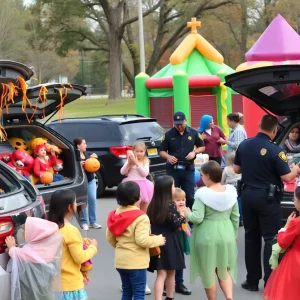 Families enjoying the Trunk or Treat event with decorated vehicles and Halloween activities in Albuquerque