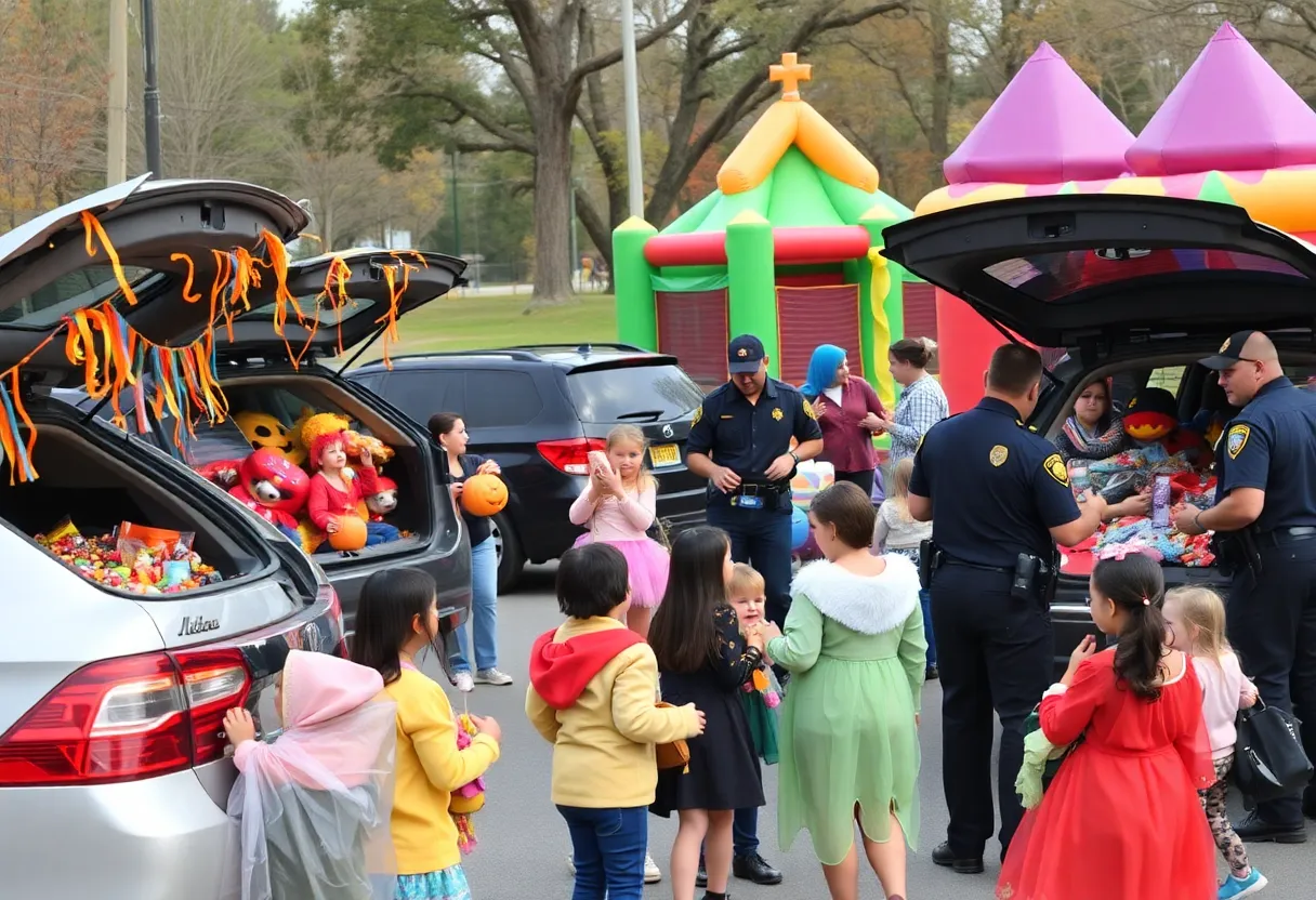 Families enjoying the Trunk or Treat event with decorated vehicles and Halloween activities in Albuquerque