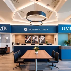 Interior of a rebranded UMB bank in Albuquerque, showcasing local elements