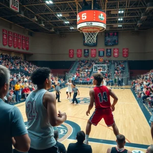 Players engaged in a basketball scrimmage at The Pit