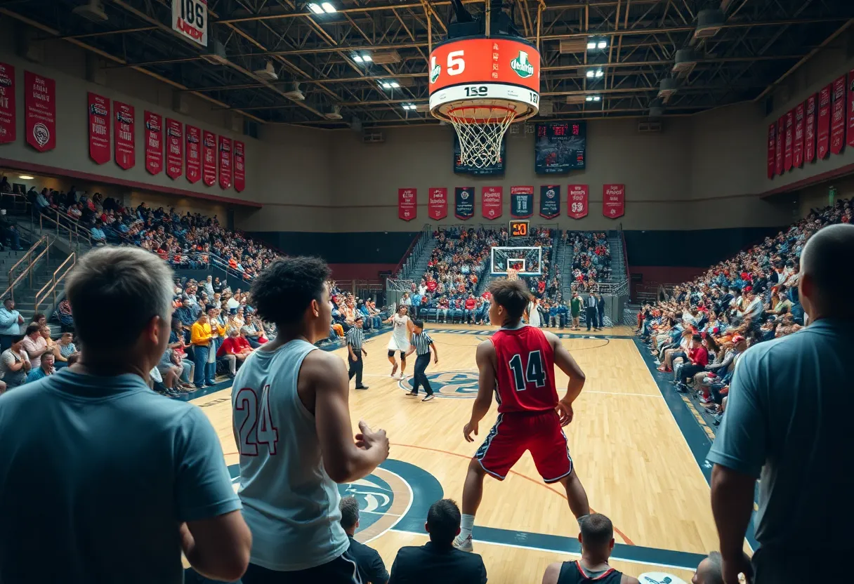 Players engaged in a basketball scrimmage at The Pit