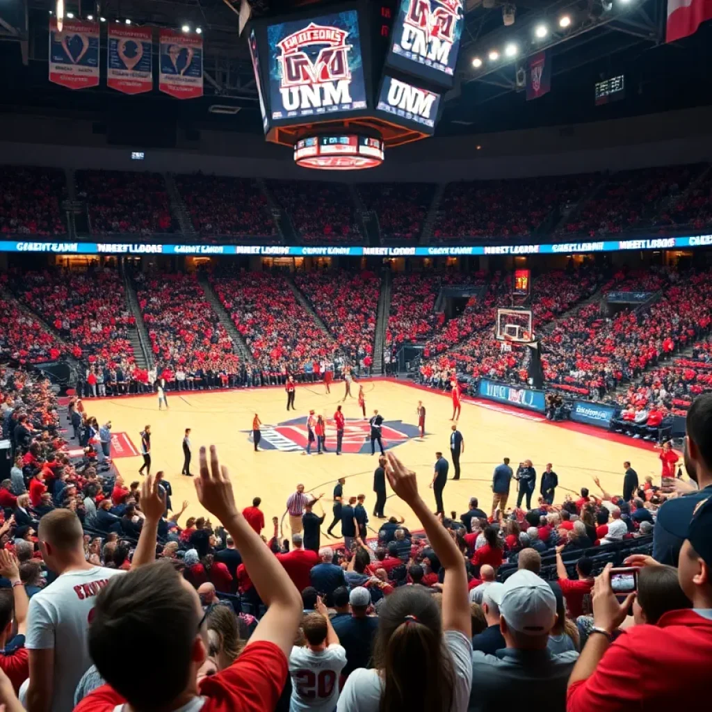 Fans cheering for UNM Lobos during a basketball game