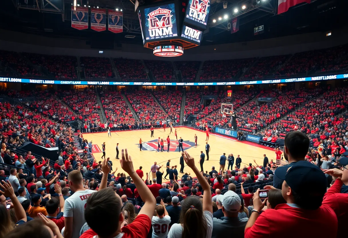 Fans cheering for UNM Lobos during a basketball game