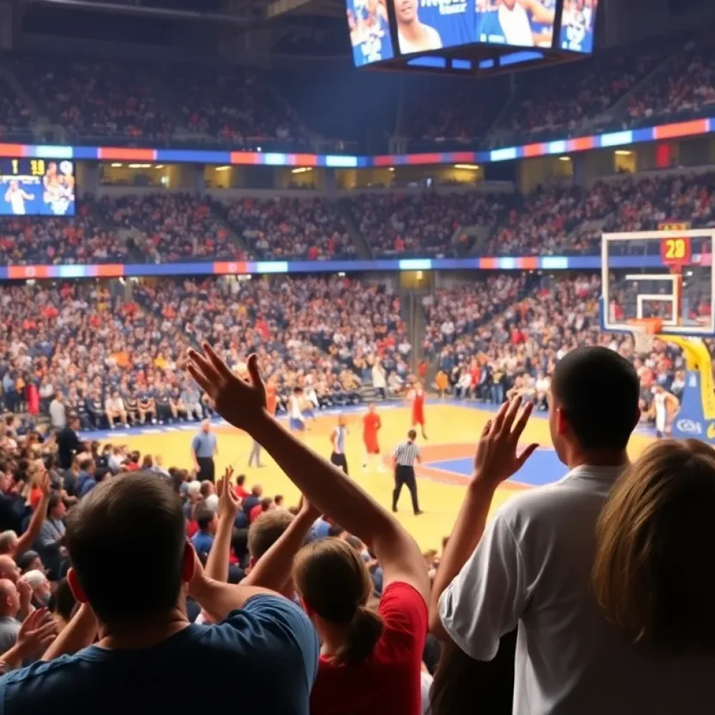 UNM Lobos basketball players competing against Utah State with an energized crowd in the background.
