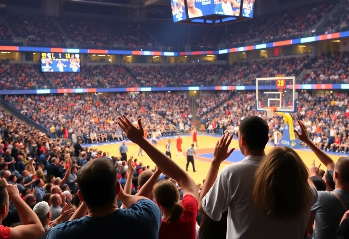 UNM Lobos basketball players competing against Utah State with an energized crowd in the background.