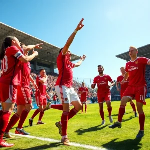 UNM Lobos soccer team celebrating after a goal during a match.