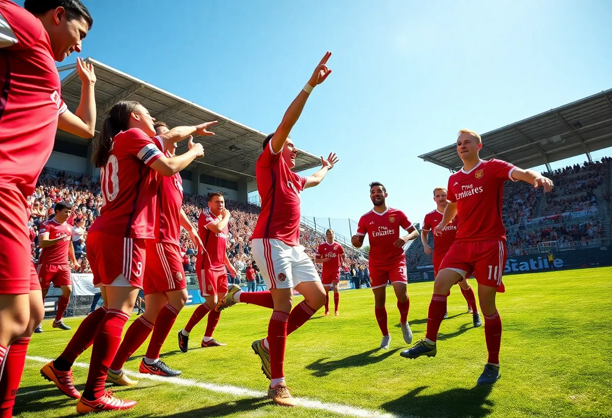 UNM Lobos soccer team celebrating after a goal during a match.