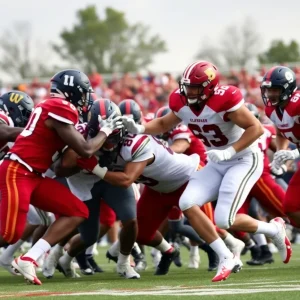 Defensive lineman making a crucial tackle during the UNM Lobos football game.