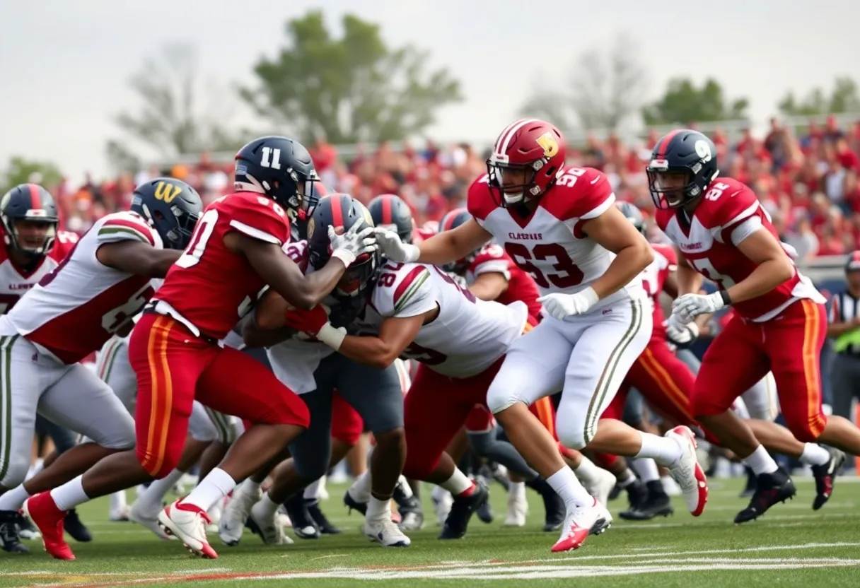 Defensive lineman making a crucial tackle during the UNM Lobos football game.