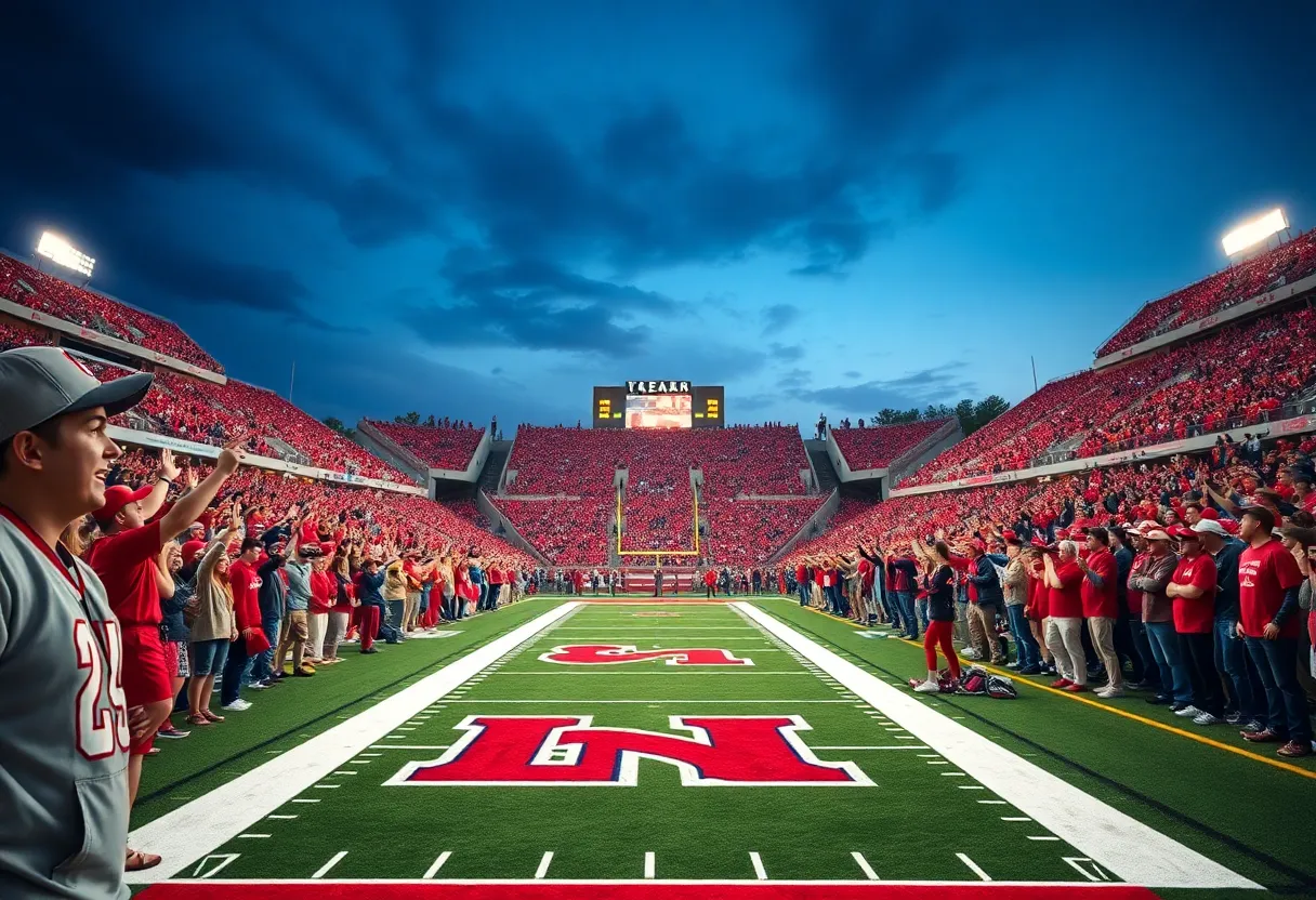 Fans cheering for the University of New Mexico Lobos during a football game
