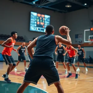 UNM Lobos basketball team during practice focusing on defensive drills.