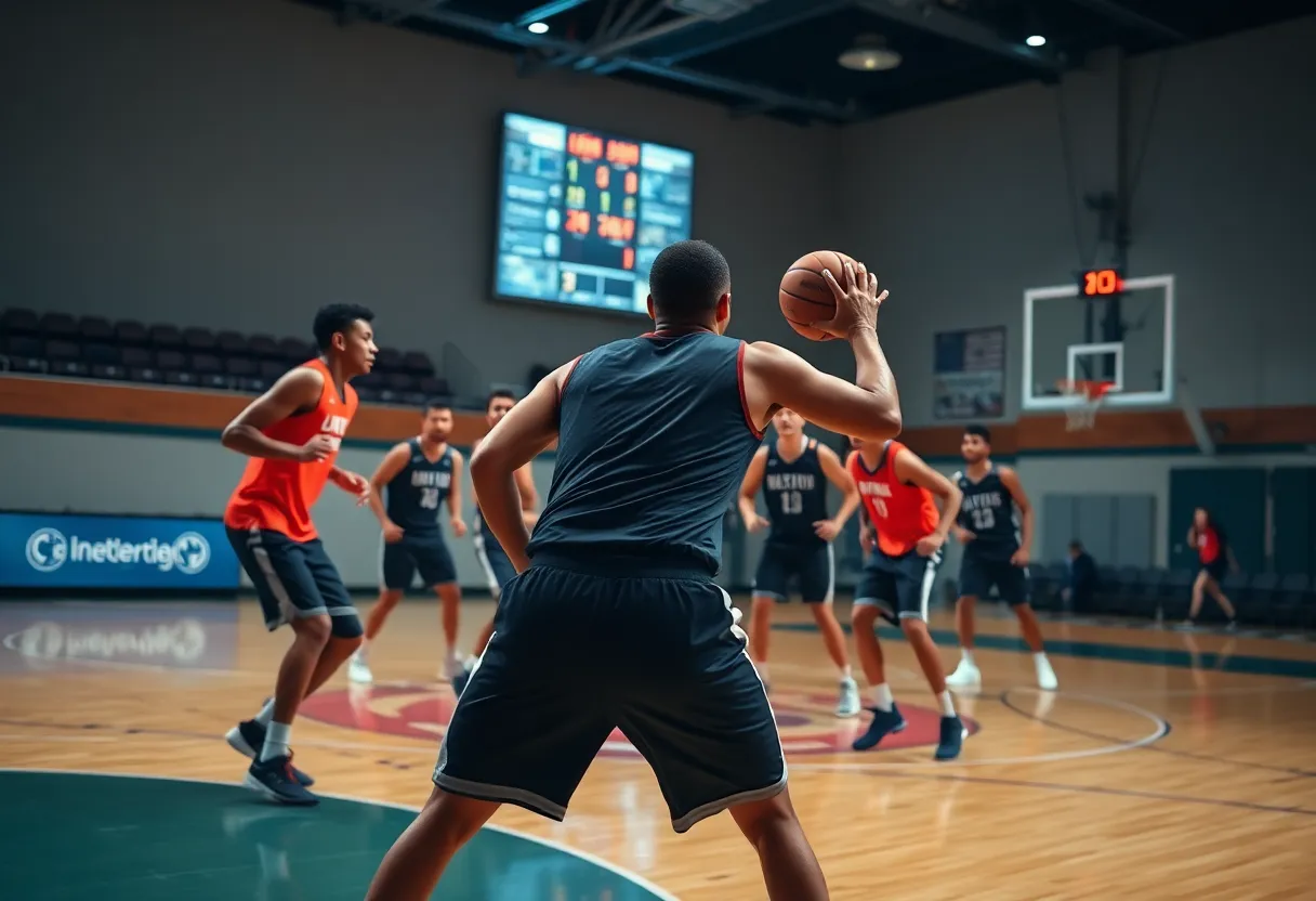 UNM Lobos basketball team during practice focusing on defensive drills.